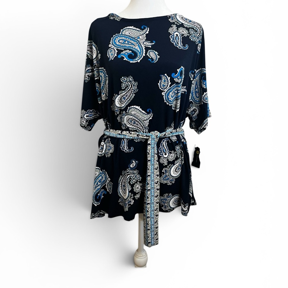 Paisley Print Tie-Waist Blouse - Navy/Blue